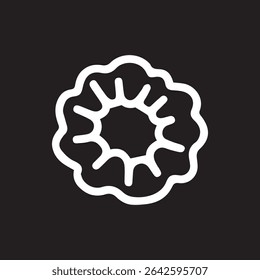 A minimalist abstract white circular shape with radiating elements, set against a stark black background creating a clean, modern aesthetic.