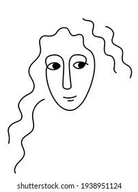 Minimalist abstract woman face with long wavy hair. Vector portrait of a female. Black lines isolated on a white background. Linear female beauty design. Smiling happy abstract face. 