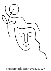 Una mujer abstracta minimalista con cabello ondulado y una flor. Mujer feliz con los ojos cerrados. El espíritu de la naturaleza, un estado de tranquilidad y de calma. Retrato sencillo y estilizado aislado en blanco. Vector.