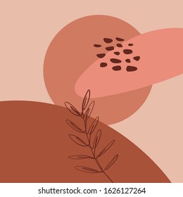Minimalist abstraction with leaf and geometric shapes. Contemporary scandinavian style. Flat design collage terracotta color composition. Good for posters, postcards, social media banners and post