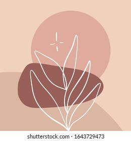 Minimalist abstraction with leaf and geometric shapes. Contemporary scandinavian style. Flat design collage pastel color composition. Good for posters, postcards, social media banners and post