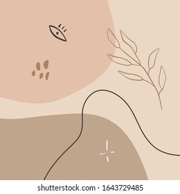 Minimalist abstraction with leaf and geometric shapes. Contemporary scandinavian style. Flat design collage pastel color composition. Good for posters, postcards, social media banners and post
