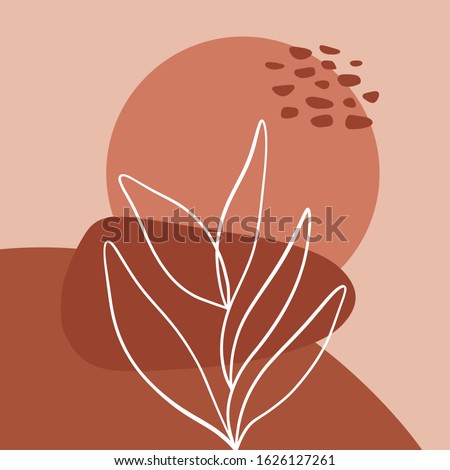 Minimalist abstraction with leaf and geometric shapes. Contemporary scandinavian style. Flat design collage terracotta color composition. Good for posters, postcards, social media banners and post