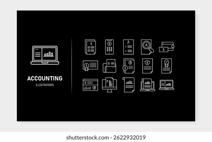 Minimalist accounting icon set with clean and modern design. Includes financial symbols such as calculator, invoice, chart, budget, and money. Ideal for business, finance apps, websites, and presentat