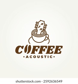 minimalist acoustic music cafe with guitar line art icon badge logo vector illustration design