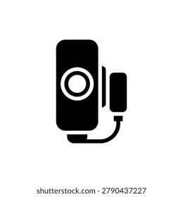 Minimalist action camera with external transmitter module icon. Solid black silhouette of a compact action camera with a lens and side-mounted wireless module connected by a cable. Ideal for tech blog icons or video equipment guides.