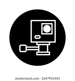 Minimalist action camera icon in a black circle captures adventure sports enthusiasts equipment and recording