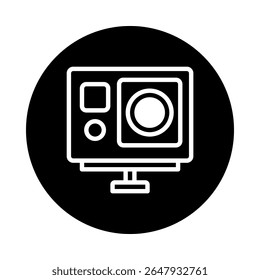Minimalist action camera icon depicting adventure capture with clear lens showcased against a black circular background
