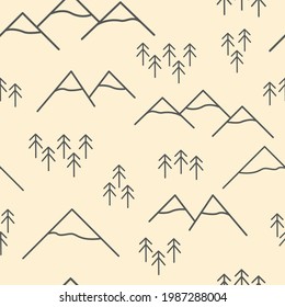 Minimalist adventure seamless vector pattern. Hand drawn doodle style outline of mountains and forest trees illustrations on neutral background. Cute map, travel, nature, explorer theme repeat design