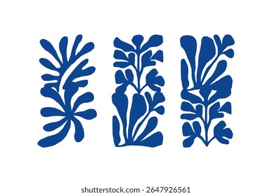 Ensemble de Formes de découpe d'Abstrait esthétique minimaliste, Image vectorielle audacieuse bleue, Collage irrégulier de papier découpé Silhouettes botaniques, Mid Century 20th Interior Poster Design, Art contemporain avec des fleurs d'été
