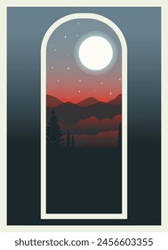 Minimalist aesthetic american mountains landscape. Aesthetic pine tree forest under moonlight