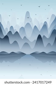 Minimalist aesthetic blue mountains landscape. Nordic village, fjord illustration.