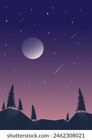 Minimalist aesthetic forest mountains landscape. Aesthetic pine tree forest under moonlight. Japanese midnight