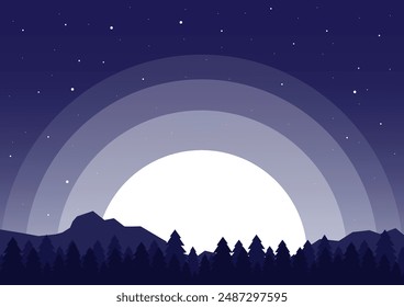Minimalist aesthetic forest mountains landscape. Aesthetic pine tree forest under moonlight.