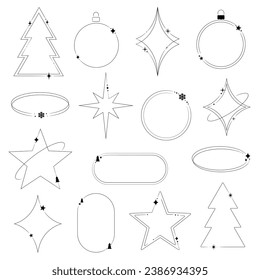 Minimalist aesthetic holiday line frames, nostalgic retro Christmas vector outlines, design set