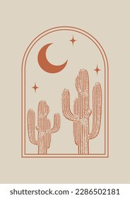 Minimalist aesthetic illustration with cactus in night desert.