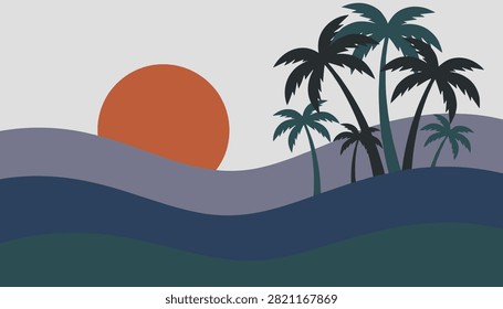 Minimalist aesthetic landscape illustration featuring a large orange sun setting behind palm trees on abstract hills.