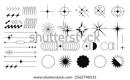 Minimalist aesthetic line elements and abstract geometric forms. Simple decorative linear borders, boho style dividers with sparkles, twinkle star shaped symbols, modern design element vector set