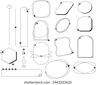 Minimalist aesthetic line elements. Modern linear line frames with stars and sparkles. Simple geometric forms for social media or poster design.