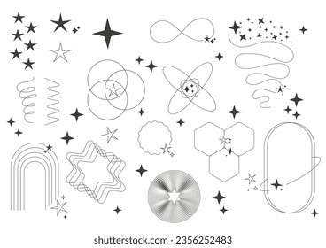 Minimalist aesthetic lines set. Abstract minimalistic creativity and art. Stars, circles and rounds. Differnet geometric shapes. Linear flat vector collection isolated on white background