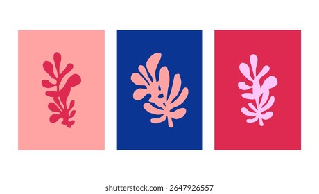 Minimalist Aesthetic Poster Set, Abstract Cutout Shapes Bold Colorful Vector, Irregular Paper Cut Collage Botanical Silhouettes, Mid Century 20th Interior Design, Contemporary Art with Summer Florals