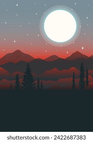 Minimalist aesthetic red mountains landscape. Aesthetic pine tree forest under moonlight. Japanese midnight panorama.