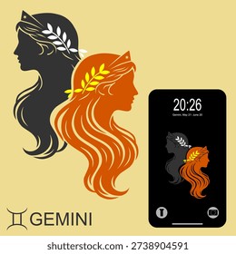 A minimalist and aesthetic vector illustration of the Gemini zodiac sign featuring the twin goddesses silhouette.