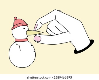 A minimalist and aesthetic vector illustration of hands shaping a snowman, symbolizing creativity, winter fun, and craftsmanship. Perfect for holiday, winter, and festive-themed projects.