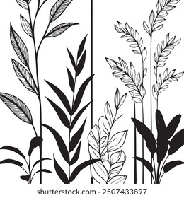 minimalist and aesthetic wall ornament design featuring botanical motifs. The design should be in black and white, emphasizing the contrast between the two colors.