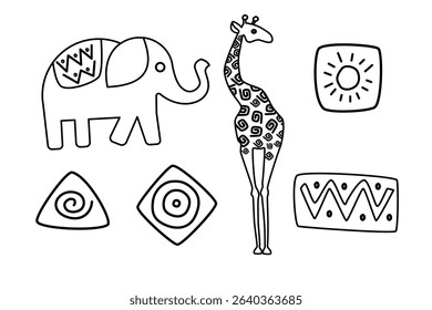 Minimalist African line art elements: stylized elephant, giraffe. Seamless pattern assets, vector contours, ethnic symbols. Monochrome tribal design.