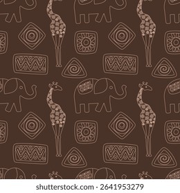 Minimalist African line art pattern: elephant, giraffe, and tribal motifs on rich brown background. Perfect for packaging, textiles, and cultural branding. Clean, scattered layout.