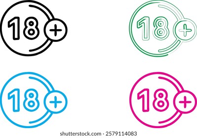 Minimalist age restriction icons, circular designs, 18+ symbols, bold outlines, monochromatic color scheme, simple geometric shapes, varying colors - black, green, blue, pink, clean graphic design, ve