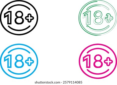 Minimalist age restriction icons, circular designs, 18+ symbols, bold outlines, monochromatic color scheme, simple geometric shapes, varying colors - black, green, blue, pink, clean graphic design, ve