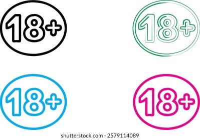 Minimalist age restriction icons, circular designs, 18+ symbols, bold outlines, monochromatic color scheme, simple geometric shapes, varying colors - black, green, blue, pink, clean graphic design, ve