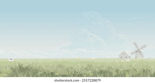 Minimalist agriculture landscape with country house and wind turbine have blue sky background. Farmland in spring season concept graphic illustration.