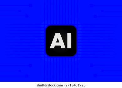 Un icono minimalista de 'IA' (Inteligencia Artificial) en un cuadrado negro, sobre un fondo tecnológico azul moderno. Representa tecnología, datos, innovación y aprendizaje automático del futuro.