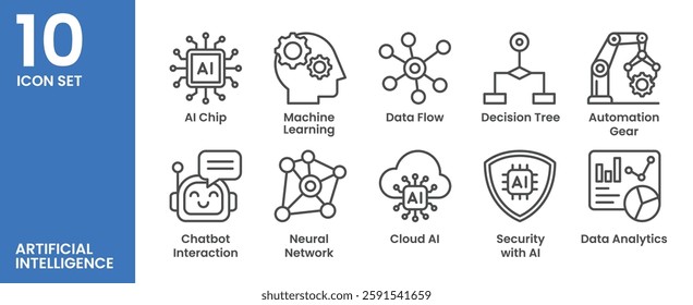 Minimalist AI icon set featuring AI chip, chatbot, neural network, automation, and data analytics. Perfect for tech, machine learning, and innovation projects.