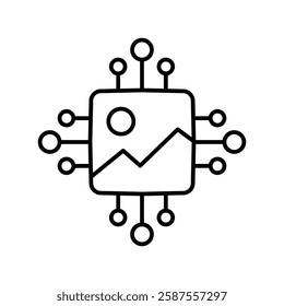 Minimalist AI Image Processing Icon in Line Art. Vector illustration of a microchip with an image symbol, representing AI-powered image processing, computer vision, and digital graphics.  
