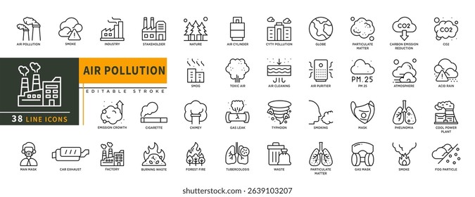 Minimalist Air Pollution line icon set with editable stroke, featuring smoke, industry, chimey, gas leak, typhoon, waste, forest fire, particulate matter, carbon emmision, mask, co2. illustration.	
