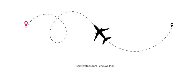 Avião minimalista voando em uma rota tracejada entre dois locais de pinos de mapa. Perfeito para viagens, turismo e conceitos de design logístico.
