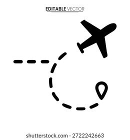 Un icono de avión minimalista con una ruta punteada que indica el viaje y un marcador de ubicación.