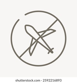 Minimalist airplane icon inside a circle with a diagonal line, indicating no flying or flight restriction. Simple design, no flying symbol, flight restriction icon. Vector illustration.