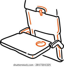Minimalist airplane seatback fold-down tray table icon with an orange cup holder latch and support arms in hand-drawn black and orange line art on a white background