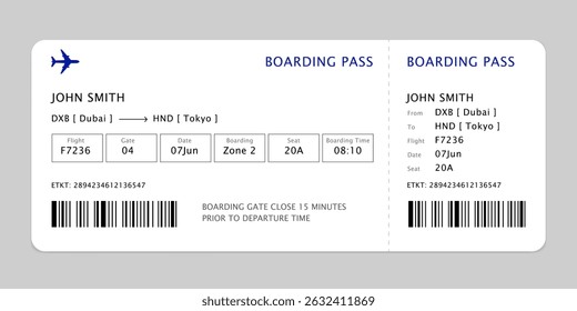 Minimalist airplane ticket layout. Airline boarding pass template for travel. Simple air travel boarding pass vector illustration.