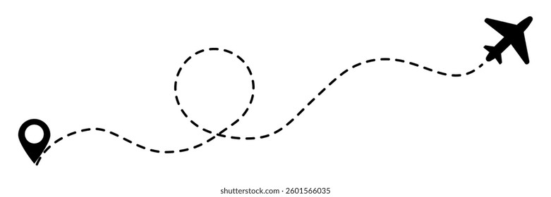 Minimalist airplane travel path with map pins. Dashed route line representing a plane journey, romantic trip, business travel, and flight routes. Vector illustration isolated on a transparent backgrou