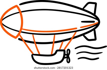 Minimalist airship zeppelin icon with an orange nose cone rigging lines and trailing wind motion lines in hand-drawn black and orange line art on a white background