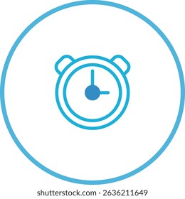 Ícone minimalista do despertador em contorno azul, em um pano de fundo branco limpo