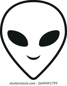 Minimalist alien-themed artwork featuring a metallic humanoid figure with large black eyes in a dark circular frame, evoking mystery and futuristic design.