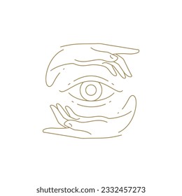 Minimalista todos los ojos de visión entre las manos humanas ocultismo línea antigua icono de ilustración vectorial. Armonía espiritual monocroma balance meditación wellness cuidado de la piel spa relajación diseño decorativo