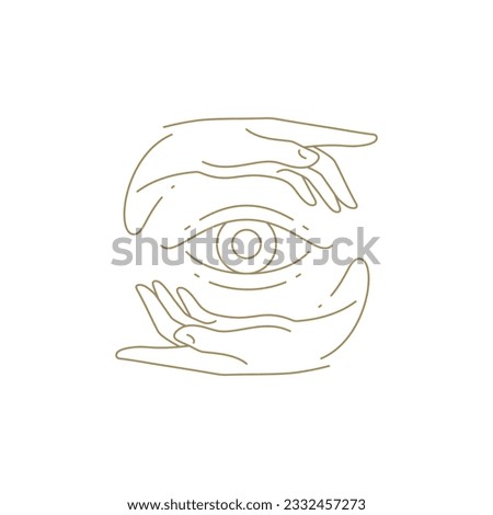Minimalist all seeing eye between human hands occultism antique line icon vector illustration. Monochrome spiritual harmony meditation balance wellness skin care spa relaxation decorative design